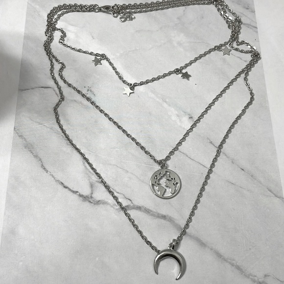 Silver Crescent Moon Layered Necklace - Picture 9 of 11